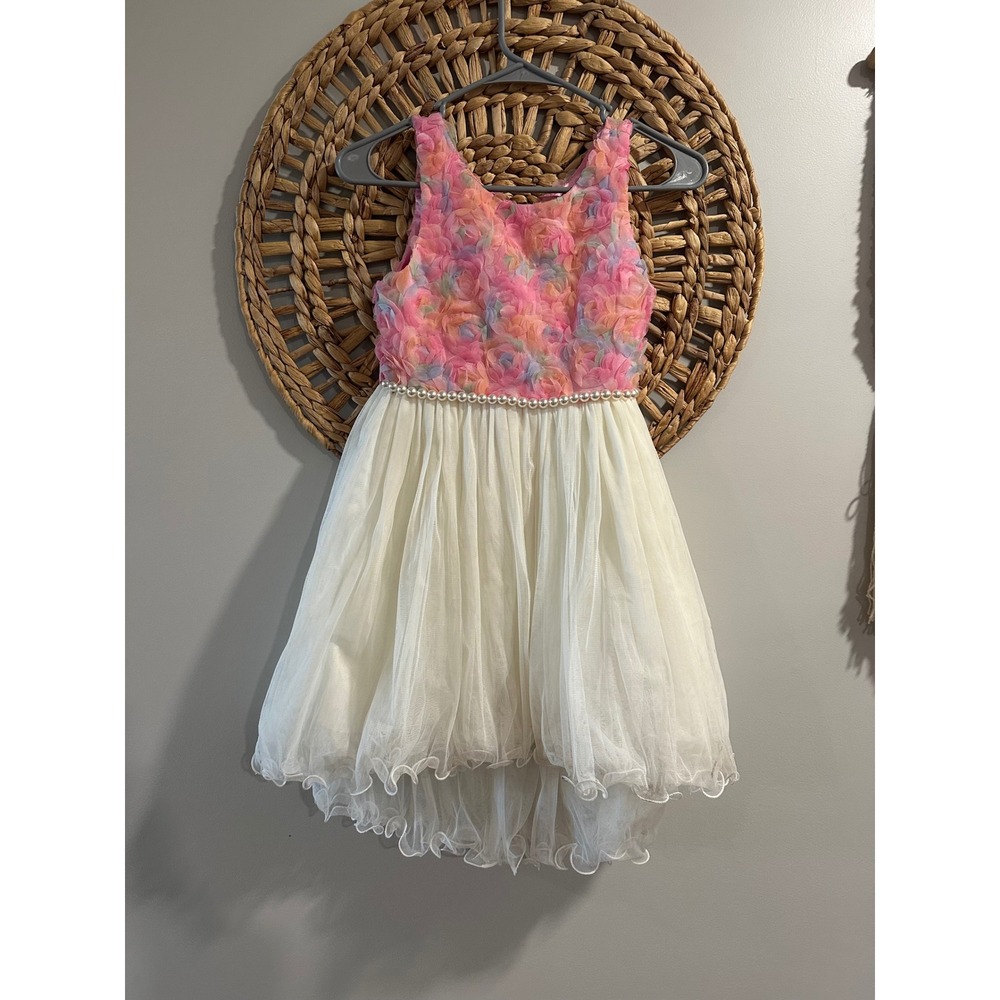 American Princess Girls Floral Rosette Tulle High Low Party Dress Pink White 8